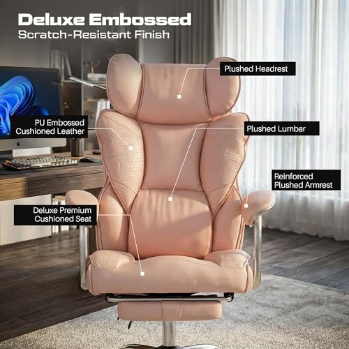 Image of DROGO Emperium Office Chair for Work from Home 400LBS | Ergonomic Executive Boss Chair with PU Leather, High Back, Spacious Cushion Seat & Pumping Lumbar Support | Premium Metal Base & Footrest (Pink)