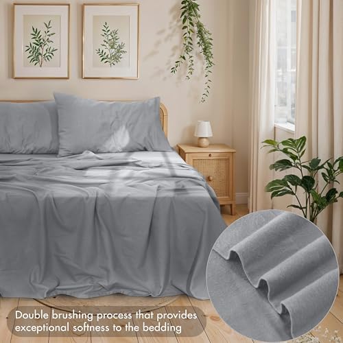 RUVANTI 100% Cotton Flannel Sheets Queen Size - 4 Piece Warm, Soft & Breathable, Deep Pocket, Double Brushed Cozy All Season Bedding Set, Light Gray - Thumbnail 3