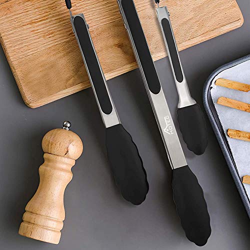 Hotec Premium Stainless Steel Locking Kitchen Tongs With Silicon Tips, Set Of 3-7", 9" And 12" … (Black) #TOP6