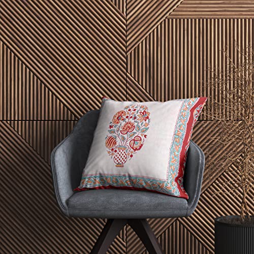 Image of BLOCKS OF INDIA Hand Block Printed Cotton Linen Cushion Cover (16 X 16 Inches) (Red Motifs), 250 TC