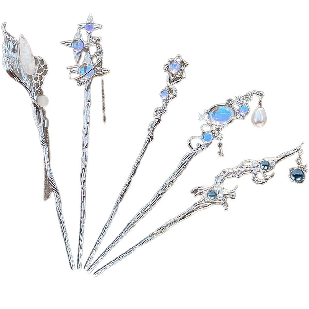 Uzztfa Girls Blue 5 Pcs Chinese Hair Sticks Vintage Hair Chopsticks Tassel Hair Pins Hanfu Hair Accessories For Woman Hair Decor