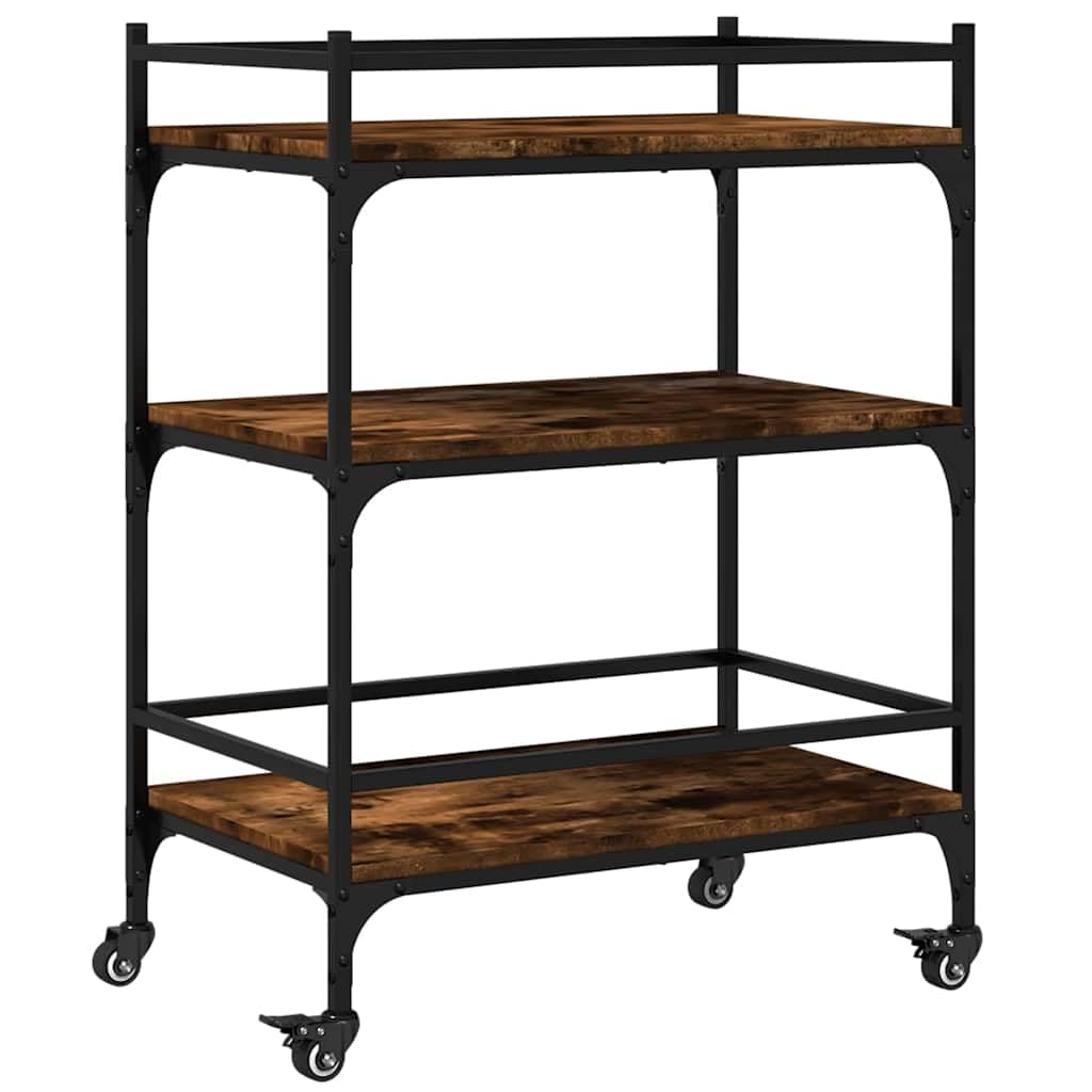 Carro de cocina de roble ahumado, 65 x 40 x 86,5 cm, madera con marco de acero y 4 ruedas, 2 bloqueables, para cocina, salón, como carrito de servicio y carrito de almacenamiento con mucho
