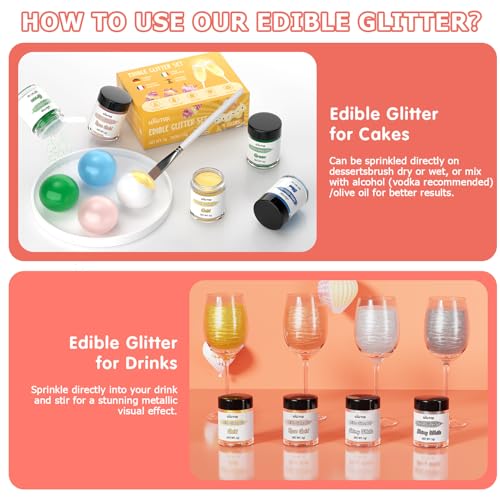 Wwtop Essbarer Glitzer für Getränke, 4 Farben Glitzerpulver Set, Gold Roségold Silber Weiß Lebensmittel Glitzer für Getränke, Geschmacklos Essbarer Goldpulver für Cocktails, Likör, Kuchen,Fondant(3g)