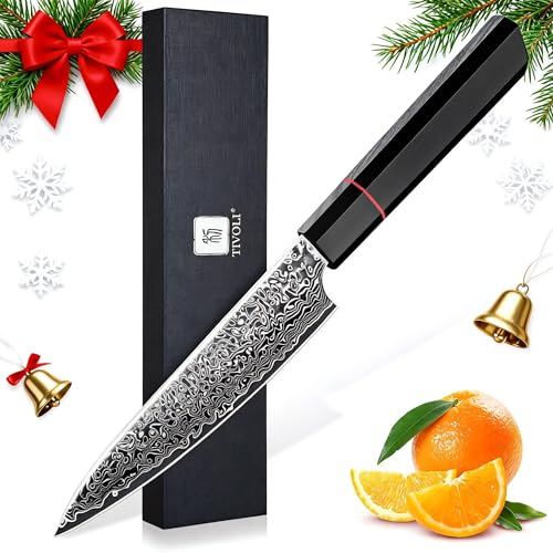 TIVOLI Damascus Utility Knife - VG10 High Carbon Steel, 67-Layer Forged Blade, Razor-Sharp Edge, Carbon Fiber Handle, Perfect for Peeling, Slicing & Trimming - Precision Balance & Gift Box Included
