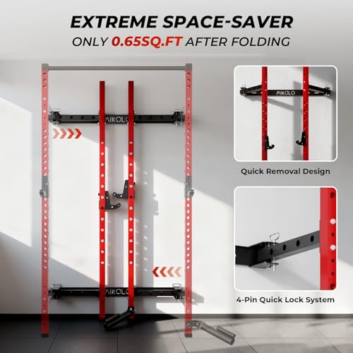 Mikolo 2" x 2" Folding Wall Mounted Squat Rack, 1000 Pounds Capacity Power Rack with Safety Catches, Pull Up Bar, J Hooks and Landmine Attachment, Space-Saving Home Gym(Red