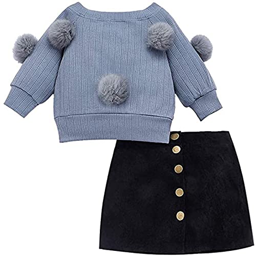 Alunsito Enfant Petites Filles Automne Hiver Tenue Chemise Tricot Pulls À Pompons Tops Jupe Boutonnée 130 Grigio Blu 5-6 Ans Cover