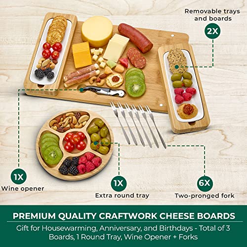 Bamboo Cheese Board Set - Charcuterie Boards Serving Platter - Magnetic Removable Side Boards - Gift For Housewarming, Anniversary, And Birthdays - Total Of 3 Boards, 1 Round Tray, Wine Opener + Forks #TOP4