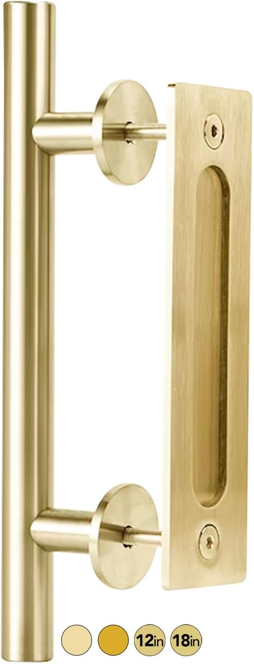 Rio Salto 12-Inch Brushed Brass Gold Barn Door Handle Kit, Closet Door Handle, Solid Aluminum Pull Handle and Flush Handle Set Heavy Duty Large Sliding Door Handles Hardware Included (1-Door Pack)