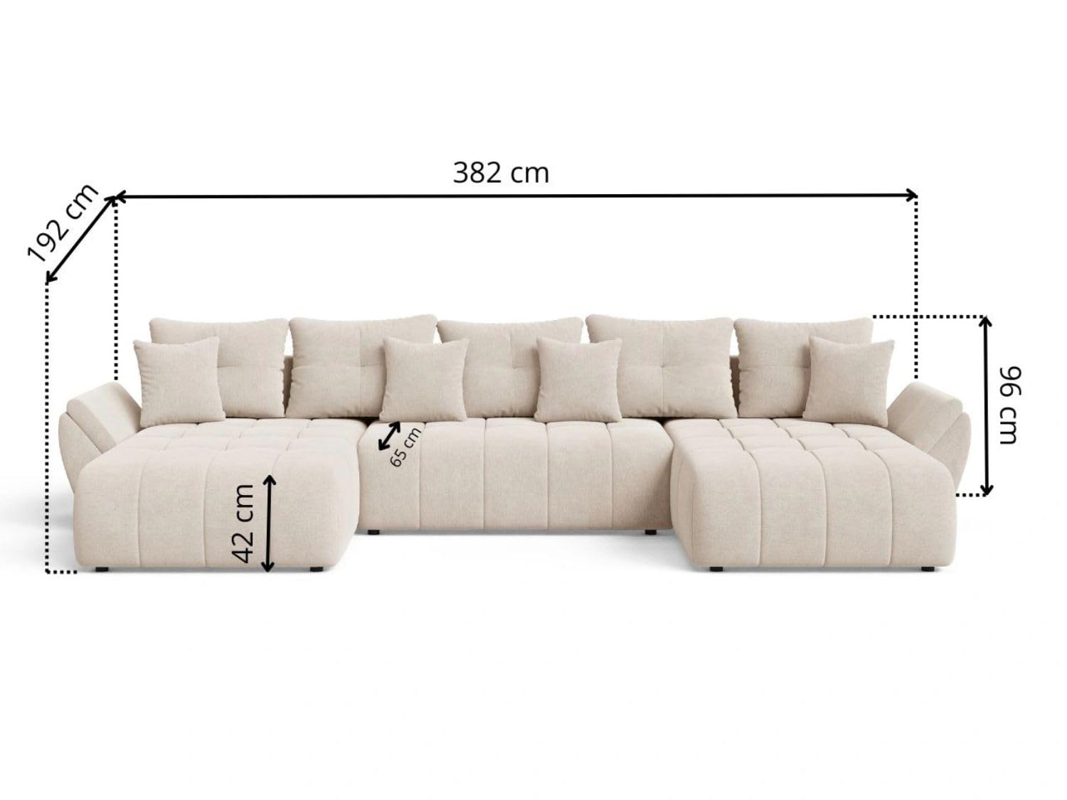 GRAINGOLD Decor U Ecksofa modern mit Bettfunktion, 382x192 cm, U-Form Sofa, Schlafcouch für Wohnzimmer, Veloursstoff, 5-Sitzer Wohnlandschaft, Ecksofa mit Bettkasten (Anthrazit)