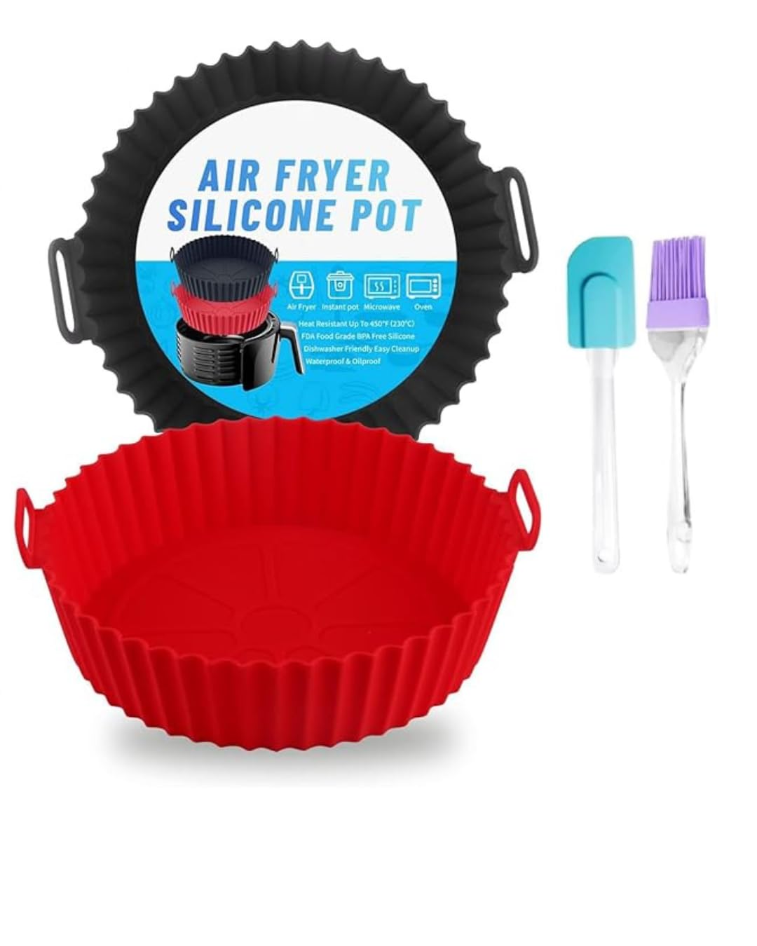 Round Silicone Red+Black Air Fryer Basket with Ear Handles | Multi-Color Nonstick, Heat Resistant + Oil Brush & Spatula-image-7