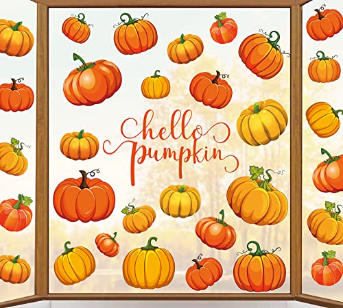 Whaline 9 Sheet Thanksgiving Pumpkin Window Clings Hello Pumpkin Double-Sided Window Decals for Fall Autumn Thanksgiving Harvest Home School Office Accessories Party Supplies Gifts