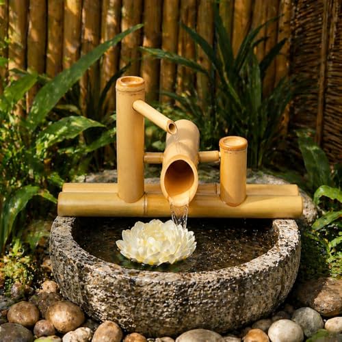 ZeahVeyora 16 Natural Bamboo Fountain with Pump Adjustable Split-Resistant Spout Quiet and Tubing Japanese Water Feature for Zen Outdoor Patios Landscaping Garden Decor(Double Spout)
