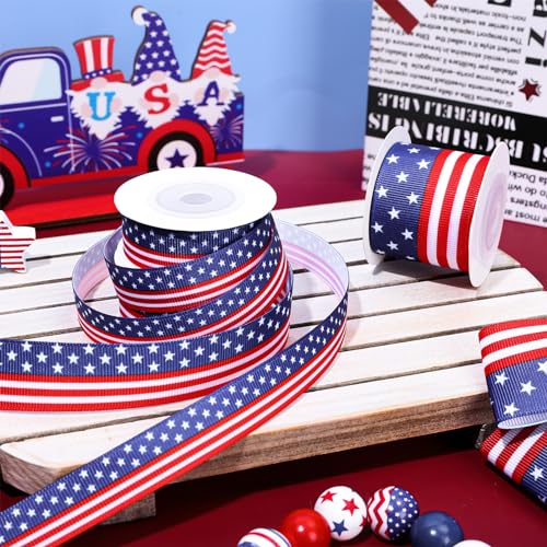 Whaline 3 Rolls July 4th Patriotic Grosgrain Ribbon USA Flag Fabric Ribbons White Blue Red Star Stripe Wrapping Ribbons for Independence Day Memorial Day Wreath Bow Craft Party Decor, 15 Yards