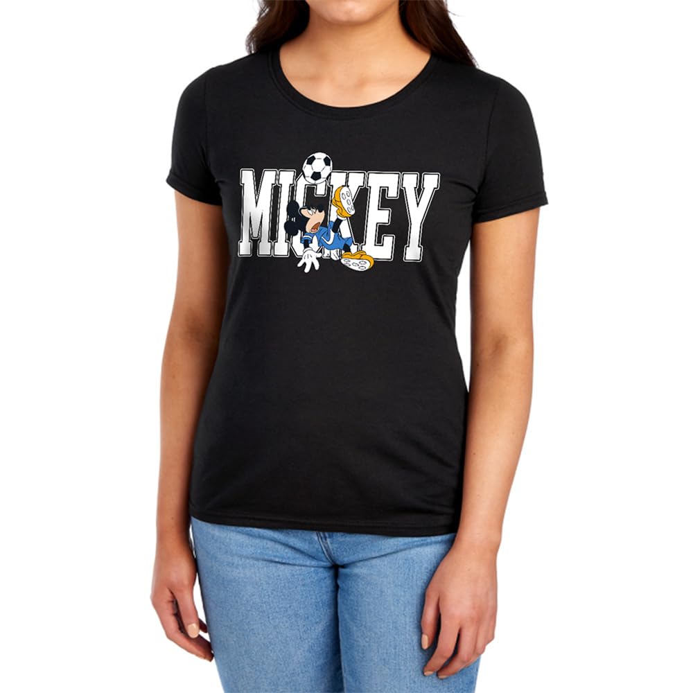Disney Women's Black Mickey Mouse Football Kick Tee, In | Size: Large