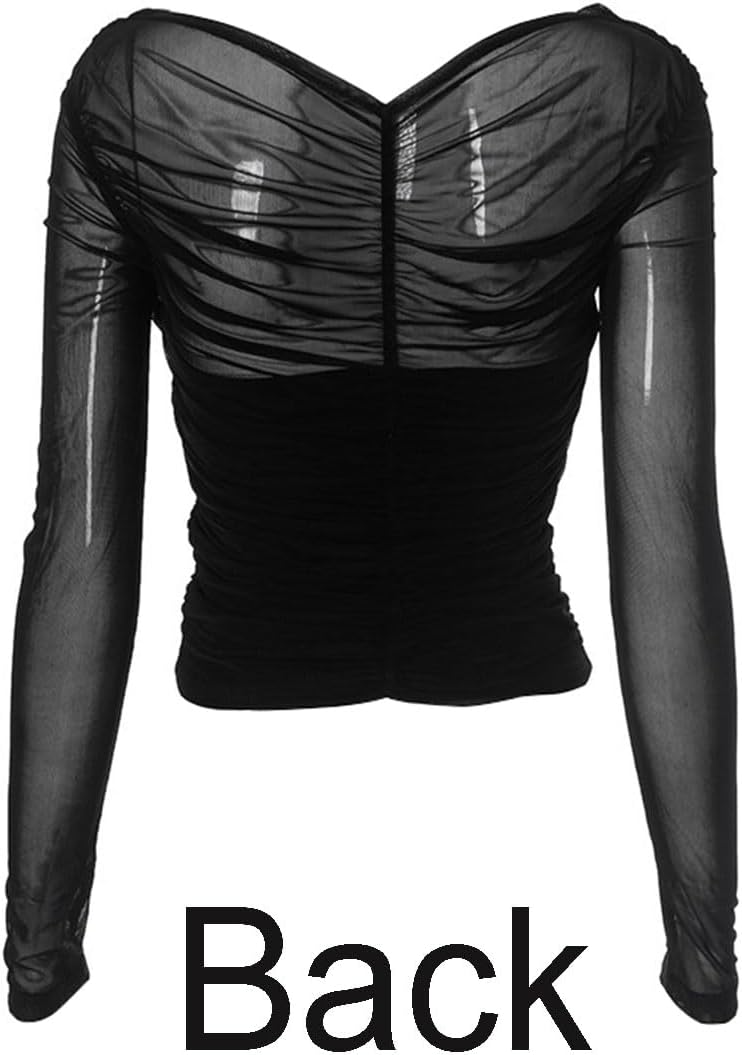Women Mesh Ruched Crop Top Criss Cross V Neck T Shirt Long Sleeve See Through Blouse Pleated Sheer Y2k Slim Fit