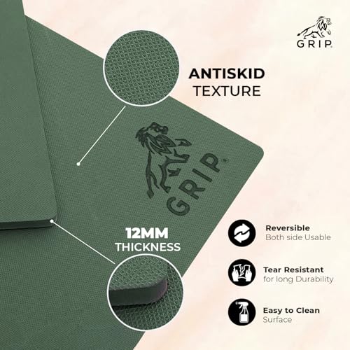 Image of GRIP Yoga Mat | Exercise Mat | 36 x 75 Inches | 12mm Thick | 7 Chakras Design |Wide Premium Exercise Mat with Yoga Strap | Anti-Slip & Anti-Tear Ideal for Yoga, Pilates, Home Workouts & Gym Use (Green)
