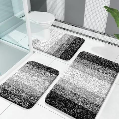 OLANLY Bathroom Rugs Sets 3 Piece, Soft Absorbent Microfiber Bath Rugs and U-Shaped Contour Toilet Rug Area Rug Set, Non-Slip Bath Carpet, Home Decor Accessories, Bath Mat Set for Bathroom, Black Cover
