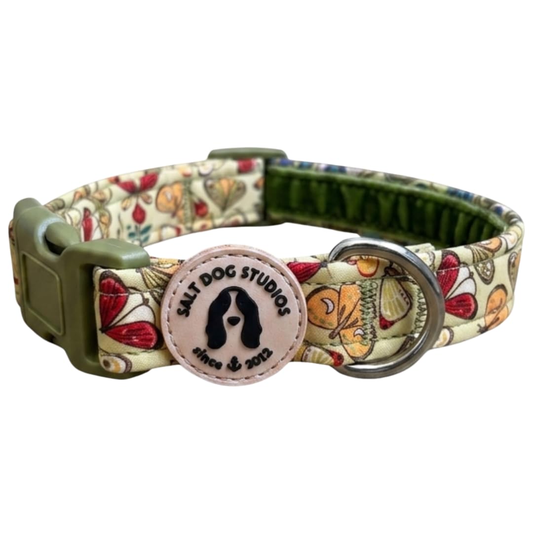 Floral Dog Collar – Adjustable Velvet Lined Dog Collar for Small, Medium, Large & Extra Large Dogs – Soft Comfortable Fabric Collar by Salt Dog Studios (Green Butterfly, Extra Large)