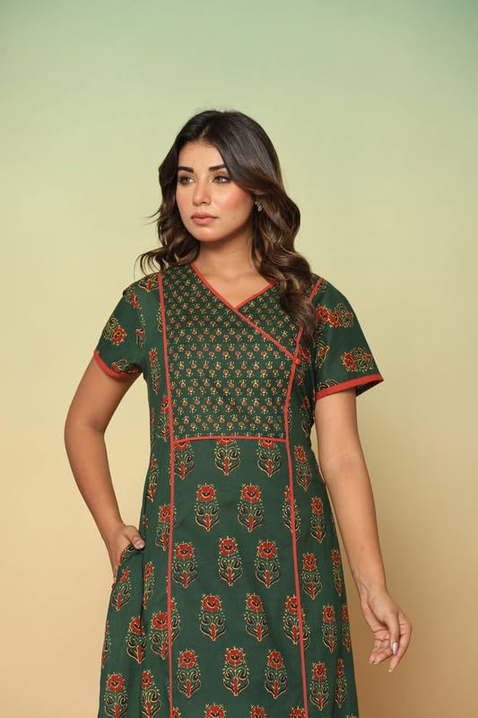 Image of NIHSAMAH Cotton Night Gown for Women - Angrakha Style Nighty, Comfortable Sleepwear /Nightwear /Maxi