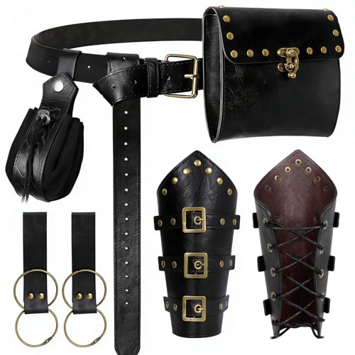 Image of Renaissance Belt Pouch Medieval Viking Leather Bracers Set for LARP
