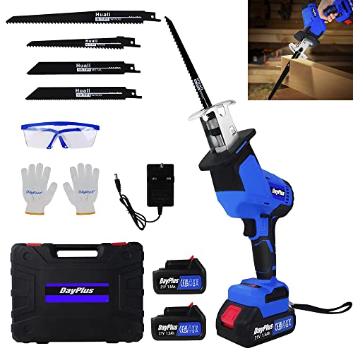 21V Cordless Powered Reciprocating Saw Brushless Reciprocating Saw 15mm Stroke Electric Garden Saw with1.5Ah Batteries,4 Saw Blades,1 Kit Box,0-1900RPM Variable Speed for Metal Wood PVC Pipe Cutting