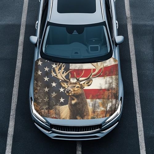 Image of Car Hood Cover Protector 59x39 inches Stretchable Auto Hood Wrap Blankets, Deer and American Flag Auto Outdoor Decorations for Compact SUV Sedans Trucks