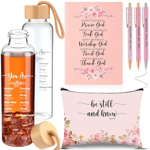 6 Pcs Christmas Christian Gifts Bulk for Women 1 Bible Verse Glass Bottle 1 Makeup Bag 1 Religious Scripture Notebook 3 Ballpoint Pens Inspirational Gifts for Sunday School Church(Pink)