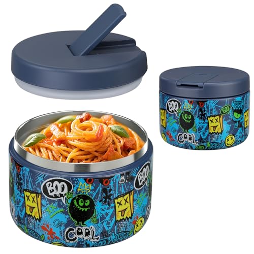Image of Pawtong 12oz Insulated Vacuum Food Jar with Buckle Lid Wide Mouth Soup Thermo for Hot Food Kids Leakproof Stainless Steel Lunch Container (Blue-Monster)