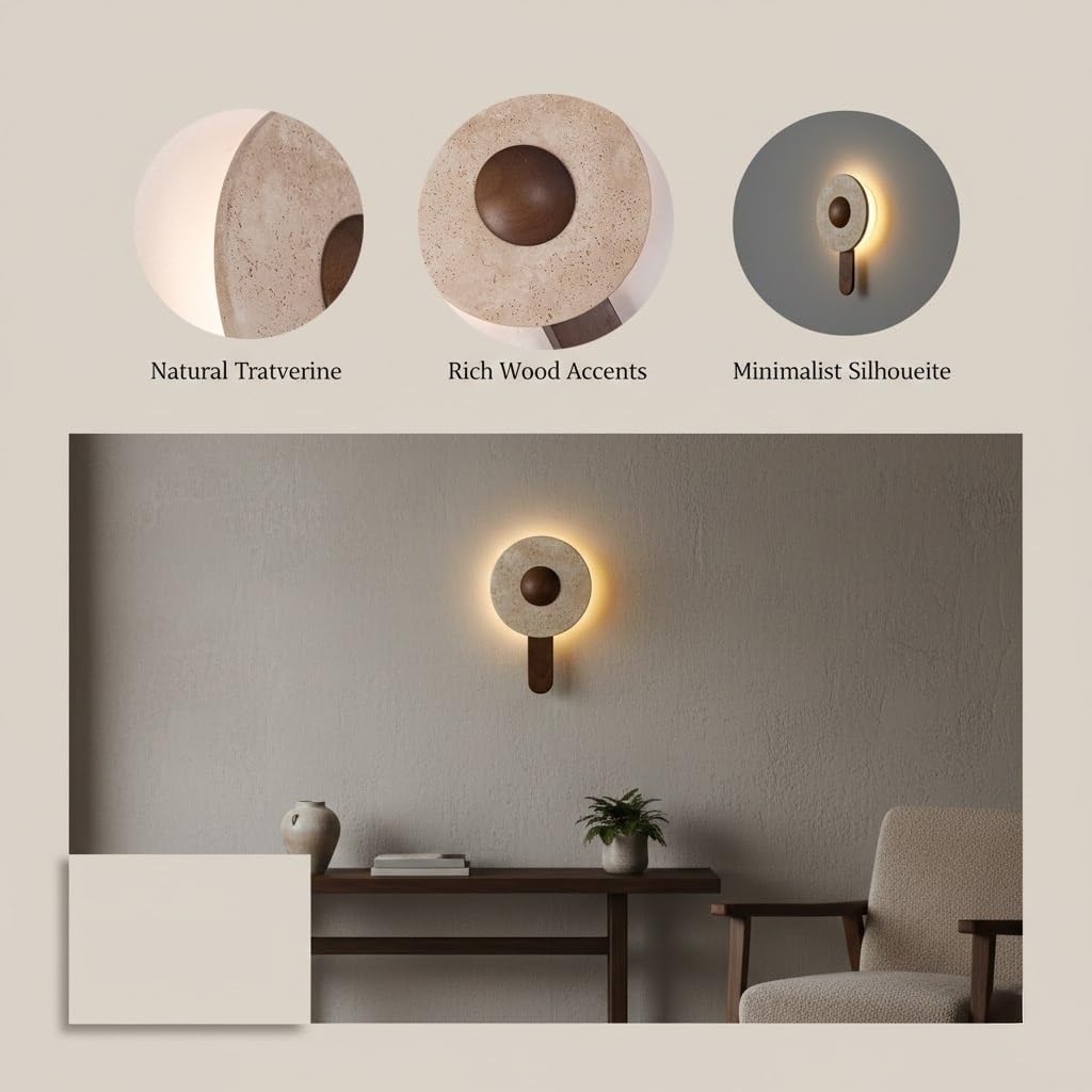 Bedside Wall Lamp, Travertine Wood Wall Sconce, Cream Stone Light for Bedroom, Hallway, Living Room, Entryway, Corridor, Mid Century Fixture, Apartment Home, Tea Room, Tea Nook Parlor(Small)