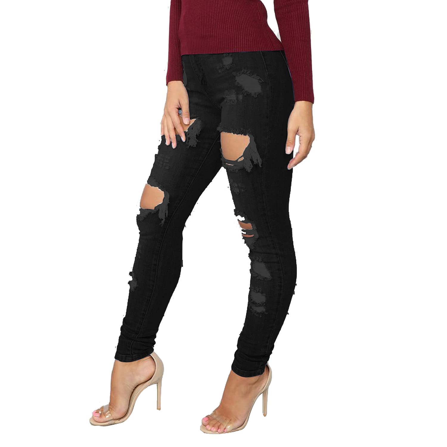 Tulucky Pantalones de mezclilla rasgados ajustados para mujer, estilo novio, cómodos, elásticos, ajustados