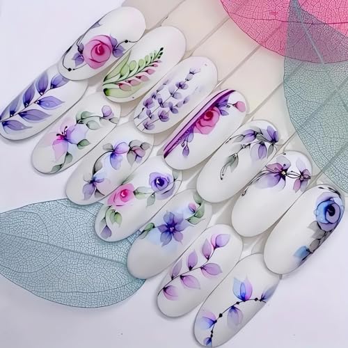 SINSEN 12 Designs Ink Flower Nail Art Stickers Leaves Daisy Lavender Floral Pattern Water Transfer Nail Decals Spring Summer Nail Designs Blossom Flowers Nail Art Decorations for Women Girls - Image 6