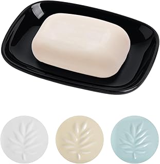 Ceramic Soap Dish for Bathroom and Kitchen, Non-Slip Bar Soap Holder with Fast Drain Design, Soap Saver Tray for Sink, Black