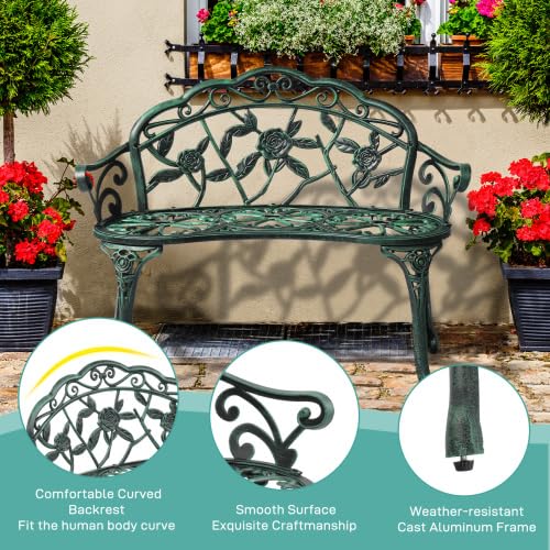 Bonnlo Gartenbank Metall Aluminium Rose, wetterfeste Sitzbank für 2 Sitzer, antike Sitzbank mit Rückenlehne, Bänke für Terrase, Balkon, Garten, Hof, antike Grün