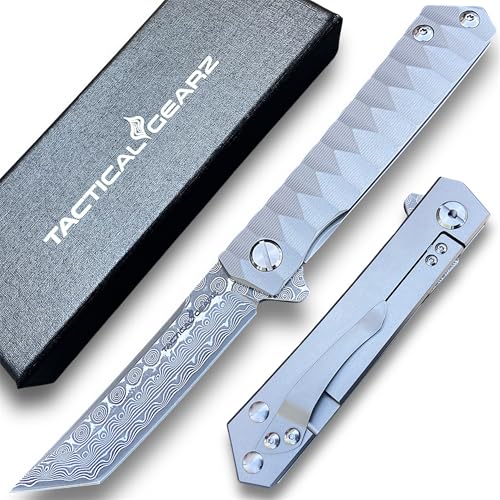 Damascus Pocket Knife for EDC, Solid Tc4 Titanium Handle, Multi-Layered Damascus Steel VG10 Tanto Blade, Includes Sheath (Silver XT)