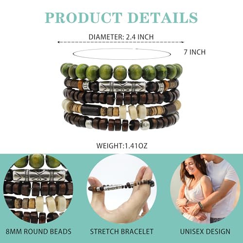 Set de 5 pulseras de cuentas de madera con encanto y borla miniatura 3
