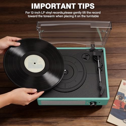 Image of Record Player for Vinyl with 2 Build-in Speakers LP Vinyl Players Belt-Driven Vintage Turntables 3 Speed 3 Size, Wireless Bluetooth Playback, AUX-in, RCA Out, Headphone, Auto Stop,Water Blue