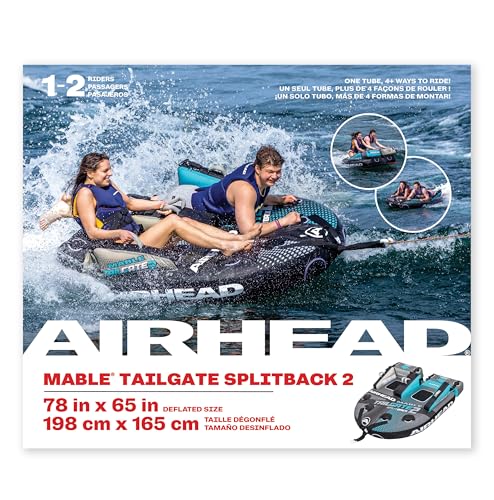Airhead Mable Tailgate Towable Tube for Boating, 1-2 Rider Inflatable Boat Tube for Water Tubing, Heavy Duty Full Nylon Cover, EVA Foam Pads, Dual Tow Point, Patented Speed Safety Valve, Splitback