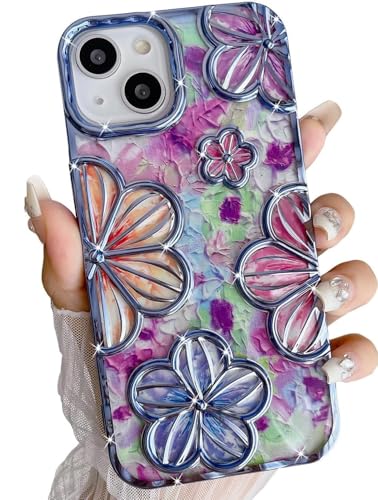 Image of mobistyle Designed for iPhone 15 Plus Cover| Electroplating Colourful Flower 3D TPU Camera Protection Back Cover Case for Women Girls (Flower Blue)