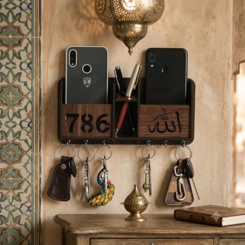 Image of CAPIO ART Wooden Key Holders for Home Wall Stylish | Wooden Wall Mounted Decorative Key Chain Hanger with 6 Hooks, 2 Mobile & 1 Pen Holder Storage for Home & Office | Multipurpose Organiser | Brown