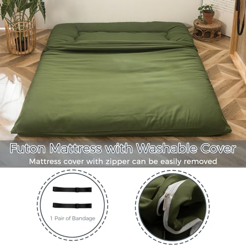 MAXYOYO 6\" Extra Thick Japanese Floor Mattress Futon Mattress, Foldable Tatami Pad for Adults, Roll Up Floor Bed for Guest Room Bedroom RV, Green, Queen