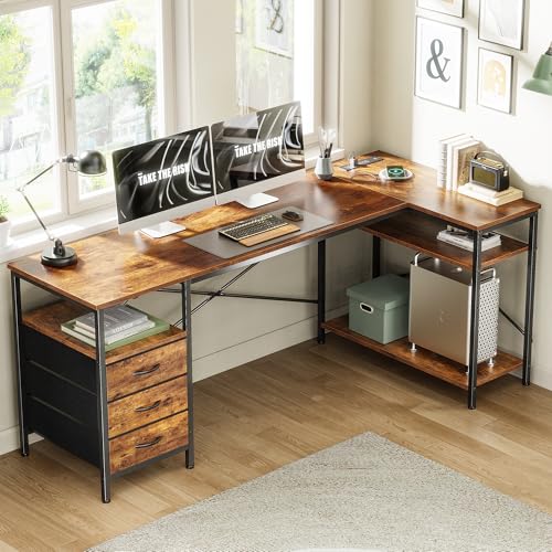 Huuger L Shaped Desk with Power Outlets, 63 Inch Reversible Computer Desk with 3 Drawers and Shelves, Home Office Table for Corner Work Study Writing Gaming, Rustic Brown