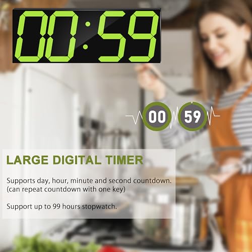 Image of CHKOSDA LED Large Digital Wall Clock, Oversize Digital Clock with 6 inch Numbers, Remote Control Count up /Countdown Timer Clock, Auto Dimmer, Big Calendar and Thermometer(Yellow