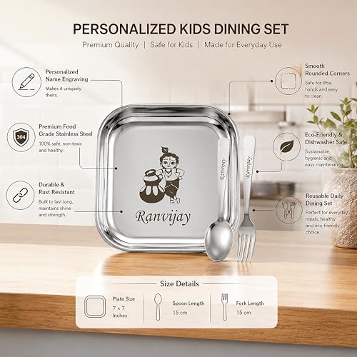 Image of SAVRI Personalized Stainless Steel Square Lunch & Dinner Plate with Spoon & Fork Name & Favourite Character Engraved. Kids, Birthday Party, Return Gift Snacks. Size - 7 * 7 Inches.