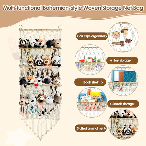 52 cm szerokości do przechowywania przytulanek, 4-poziomowy organizer w stylu boho, do hamaka siatkowego, wiszący, do przechowywania pluszaków, do pokoju dziecięcego, salonu, sypialni i pokoju