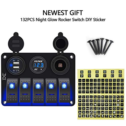 Fxc Waterproof Marine Boat Rocker Switch Aluminum Panel 5 Gang With Dual Usb Slot Socket 3.1A + Volt Meter Blue Led Light For Car Rv Vehicles Truck (Kg0149-5B Blue) #TOP6