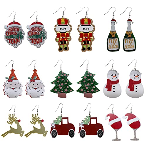 LANTAI 9 Pairs Christmas Acrylic Earrings Set-Thanksgiving Xmas Snowman Santa Claus Christmas Tree Elk Earrings for Women Girls