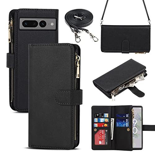iCoverCase for Google Pixel 7 Pro Wallet Case with Card Holder Kickstand Feature PU Leather Case with Adjustable Crossbody Lanyard Magnetic Clasp Zipper Pocket Flip Cover (Black)