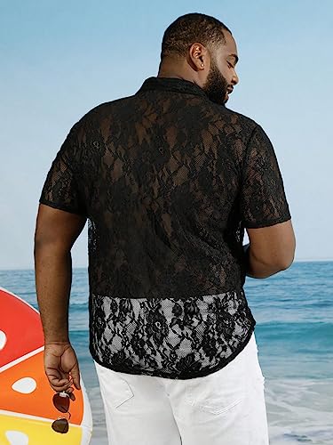 WDIRARA Men's Floral Lace Shirt Contrast Mesh Button Down Shirt Short Sleeve Blouse2