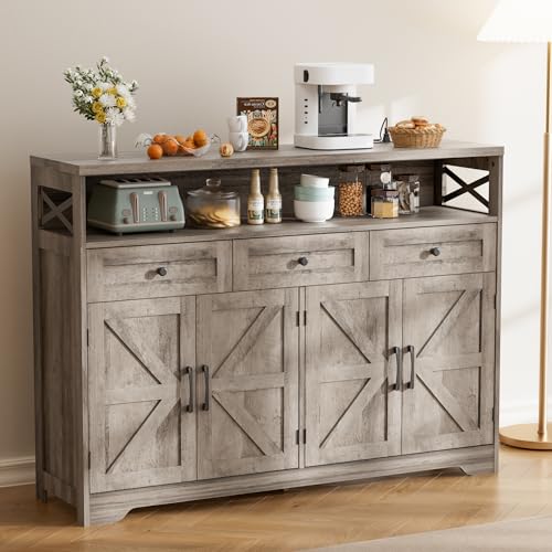 BonVache Meuble de Rangement, Buffet, avec Placard 4 Portes, 3 Tiroirs, Enfilade avec étagère Ouverte, pour Salle à Manger, Salon, Cuisine, entrée, 120 x 35 x 95 cm, Gris