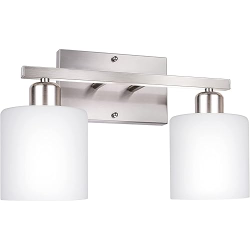 Bathroom Vanity Light Fixture Over Mirror with Brushed Nickel,Dekang Modern 2-Light Wall Sconces Lighting for Bedroom,Living Room,Hallway,Decor White Glass Shades,E26 Standard Base,Bulbs Not Included